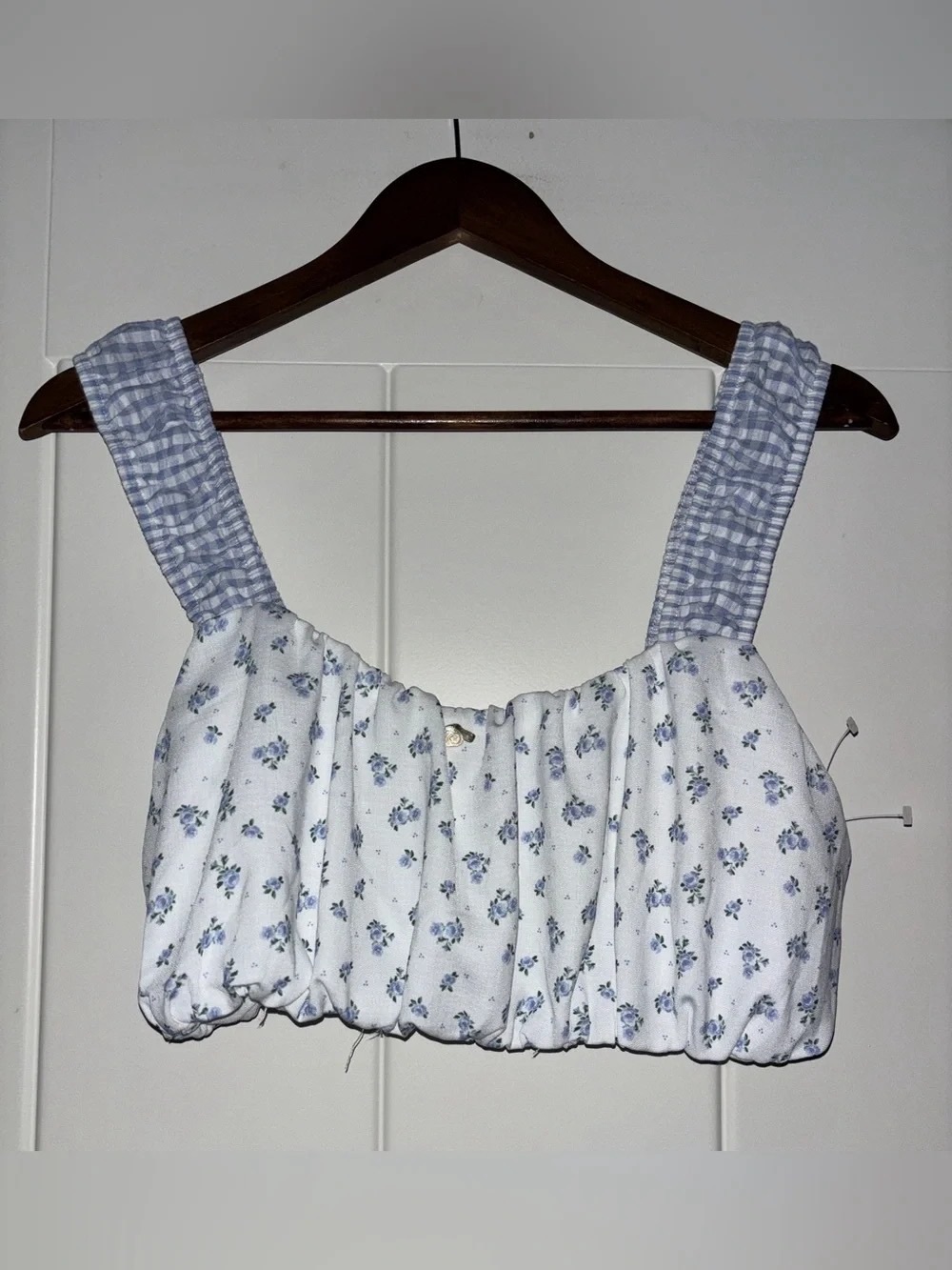 Milkmaid White Blue Floral Smock Crop Top Women L NEW Summer